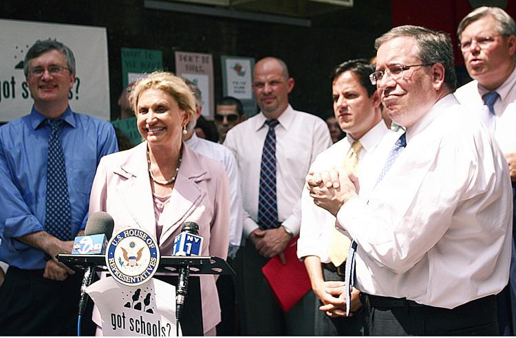 TOO CROWDED:Carolyn B. Maloney, the U.S. Congressional Representative for New York's 14th District speaking at a press conference about crowded schools in Manhattan. (DANIELLE WANG The Epoch Times)