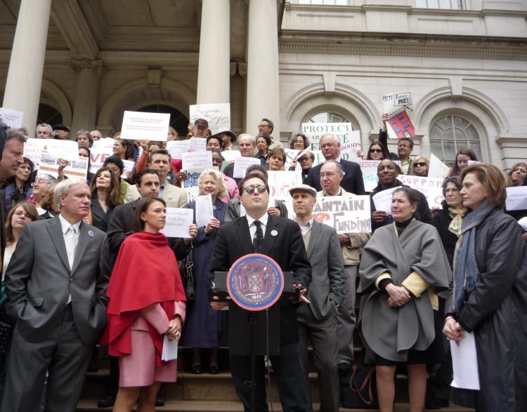 PRESERVING THE PAST: Council members Tony Avella and Jessica Lappin stand by as Historic Districts Council's executive director Simeon Bankoff speaks on the importance of preservation.  (Christine Lin/The Epoch Times)