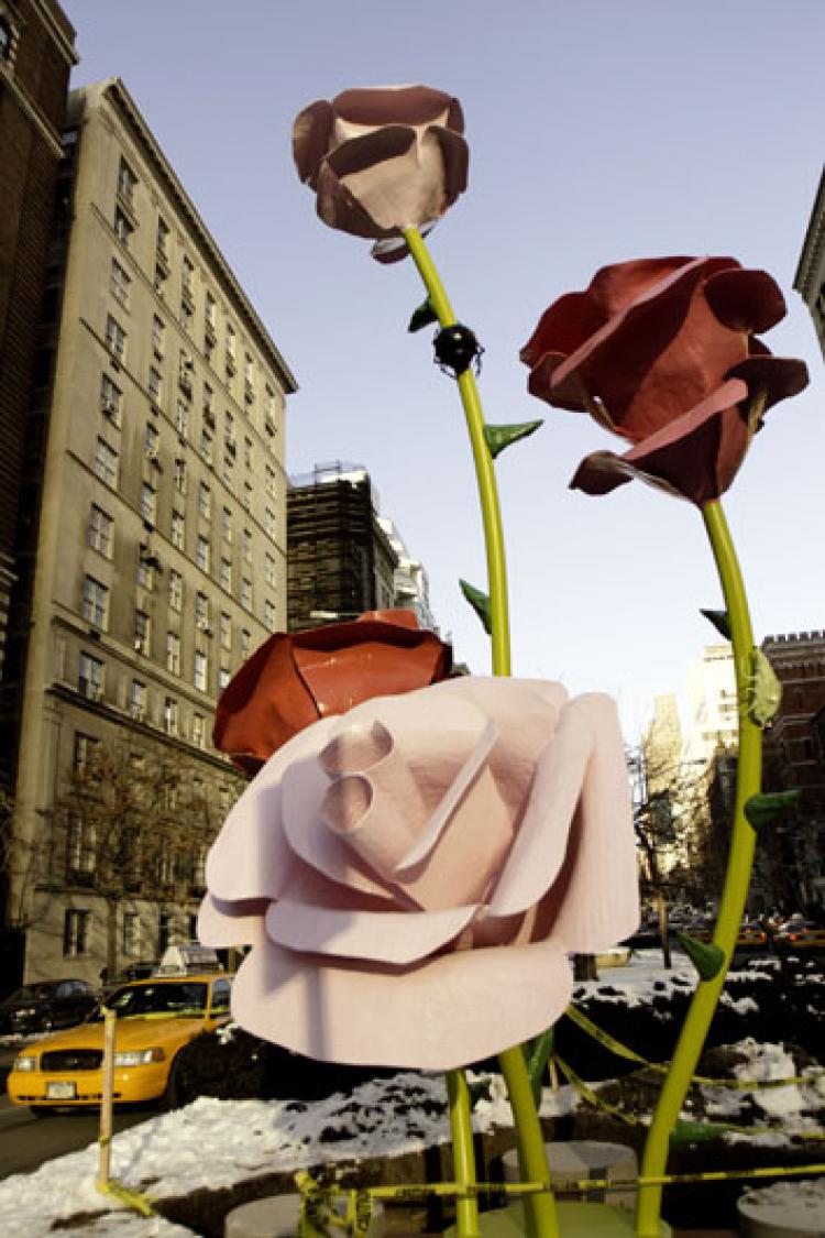 PARK AVENUE BLOOMS: Sculptor Will Ryman's oversized roses will adorn a 10-block stretch of Park Avenue in New York until the end of May.  (Phoebe Zheng/The Epoch Times)