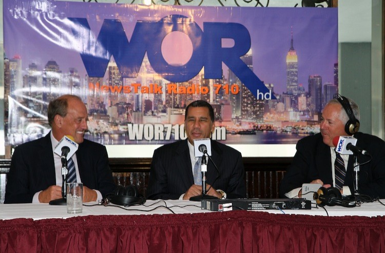 THE DAVID PATERSON SHOW: Jerry Crowley (L), vice president and general manager of WOR, and morning talk radio host John Gambling (R) announce at Ben Benson's Steak House on West 52nd Street on Thursday that former Gov. David Paterson will host a weekday talk show on WOR 710 AM.  (Zack Stieber/The Epoch Times)