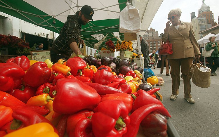 Peppers are seen for sale at the Union Square farmers market in New York City