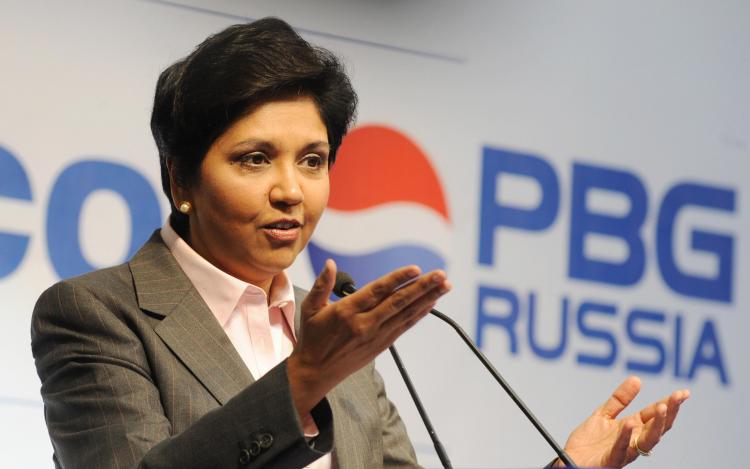 DRINK UP: PepsiCo CEO Indra Nooyi speaks at the official opening of a PepsiCo Bottling Group plant in Domodedovo, Russia on July 8, 2009. International sales at PepsiCo jumped 13 percent during the last quarter. (Natalia Kolesnikova/AFP/Getty Images )