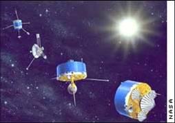 Artistic images of the Pioneer spacecraft. Pioneer 10 and 11 spacecraft are represented by the drawing that is second from the left. (NASA)