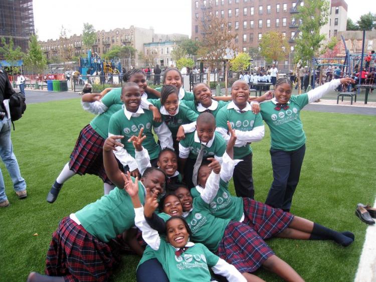 Students at P.S./M.S. 394K enjoy a new playground at their school in Crown Heights Brooklyn, the students helped to design the new playground, which is used by students during recess and is also available to the local community for exercise and recreation (The Epoch Times)