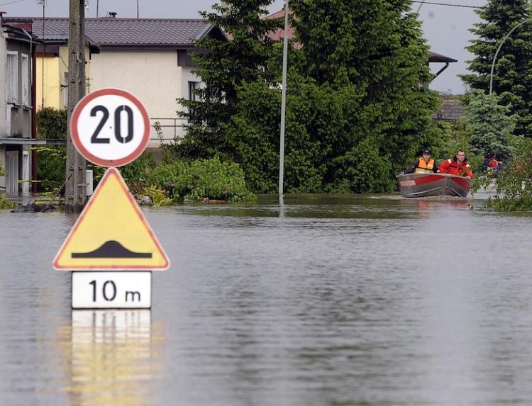 Rescue teammembers make their way in the flooded district of Sandomierz, central Poland, on May 19. Poland Interior Minister Jerzy Miller has accused beavers of being partially to blame that resulted in 15 deaths and nearly 2.5 billion euro.  (Janek Skarzynski/Getty Images)