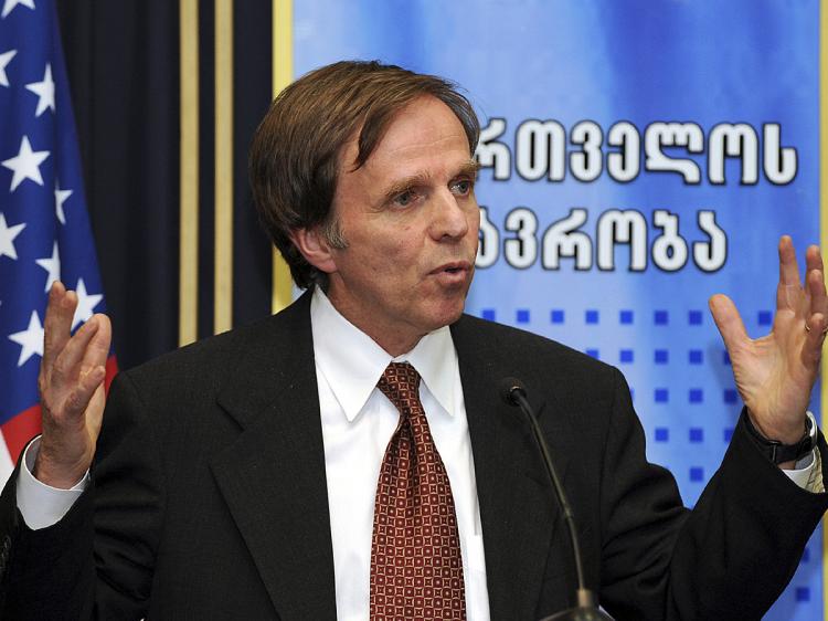Assistant U.S. Secretary of State for Democracy, Human Rights, and Labour Michael Posner gestures while speaking at a press conference in Tbilisi on November 17, 2009. (Vano Shlamov/AFP/Getty Images)