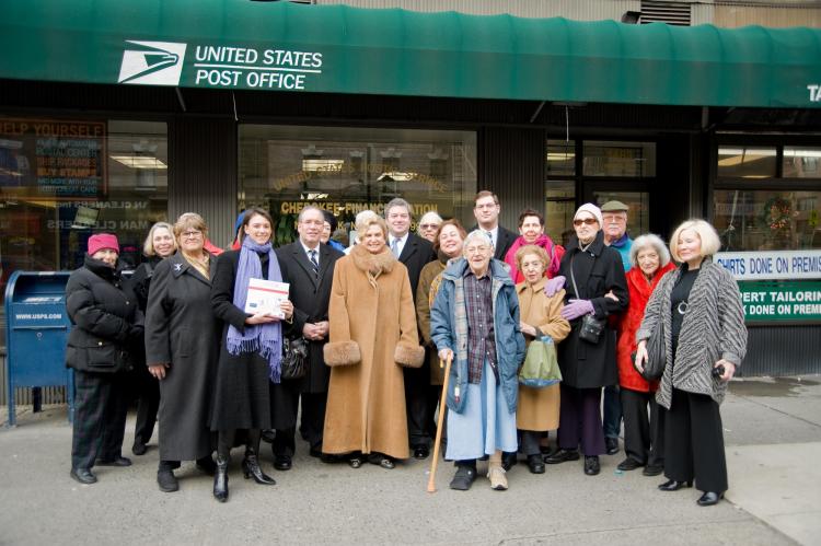 POST OFFICE SAVED: Local officials and residents stand in front of the Cherokee Post Office on Manhattanâ��s Upper East Side on Monday. (Aloysio Santos/The Epoch Times)
