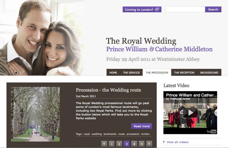 A screenshot of www.officialroyalwedding2011.org, the official website for Prince William and Kate Middleton's April wedding