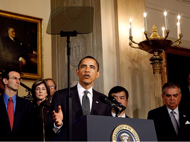 President Obama and members of his auto task force, including Office of Management and Budget Director Peter Orszag (L), Commerce Secretary Gary Locke (2nd-R) and U.S. Transportation Secretary Ray LaHood (R) address the bankruptcy of Chrysler.   (Chip Somodevilla/Getty Images)
