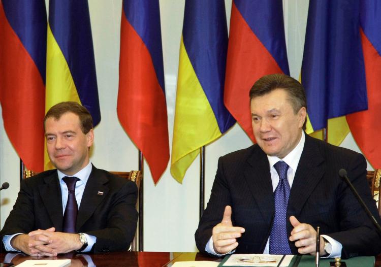 Russian President Dmitry Medvedev (L) and Ukrainian President Viktor Yanukovych speak at a news conference after they signed documents in Kharkiv on April 21, 2010. (Vladimir Rodionov/AFP/Getty Images)