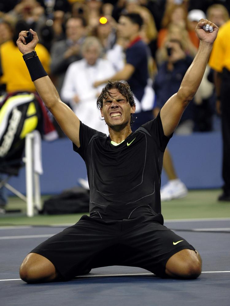 Rafael Nadal celebrates beating Novak Djokovic in the U.S. Open Men's Singles Final. (Timothy A. Clary/AFP/Getty Images)