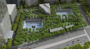 An artistic rendering of the 9/11 Memorial as it will look when the surrounding construction is complete