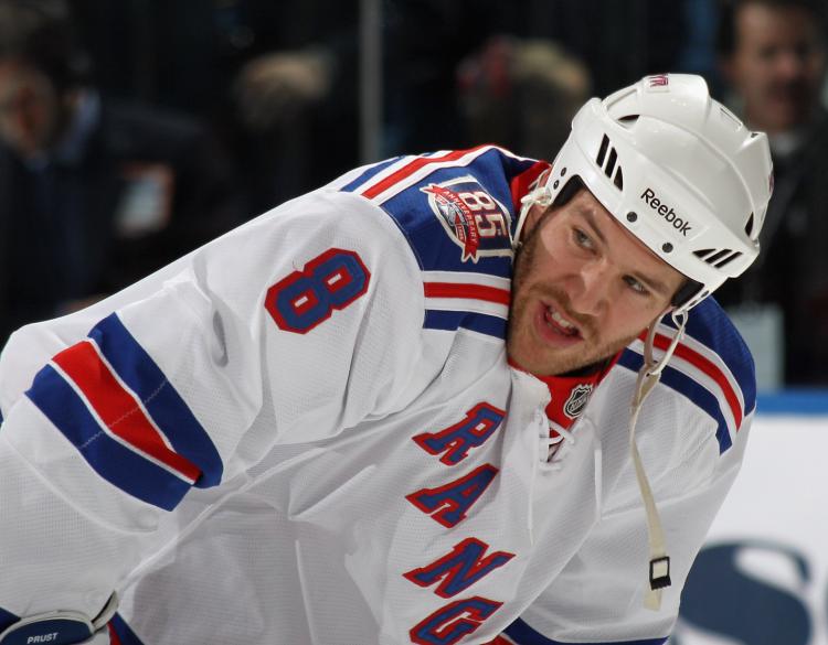 Brandon Prust's third period goal was too little too late for the New York Rangers on Thursday night in Carolina. (Bruce Bennett/Getty Images)