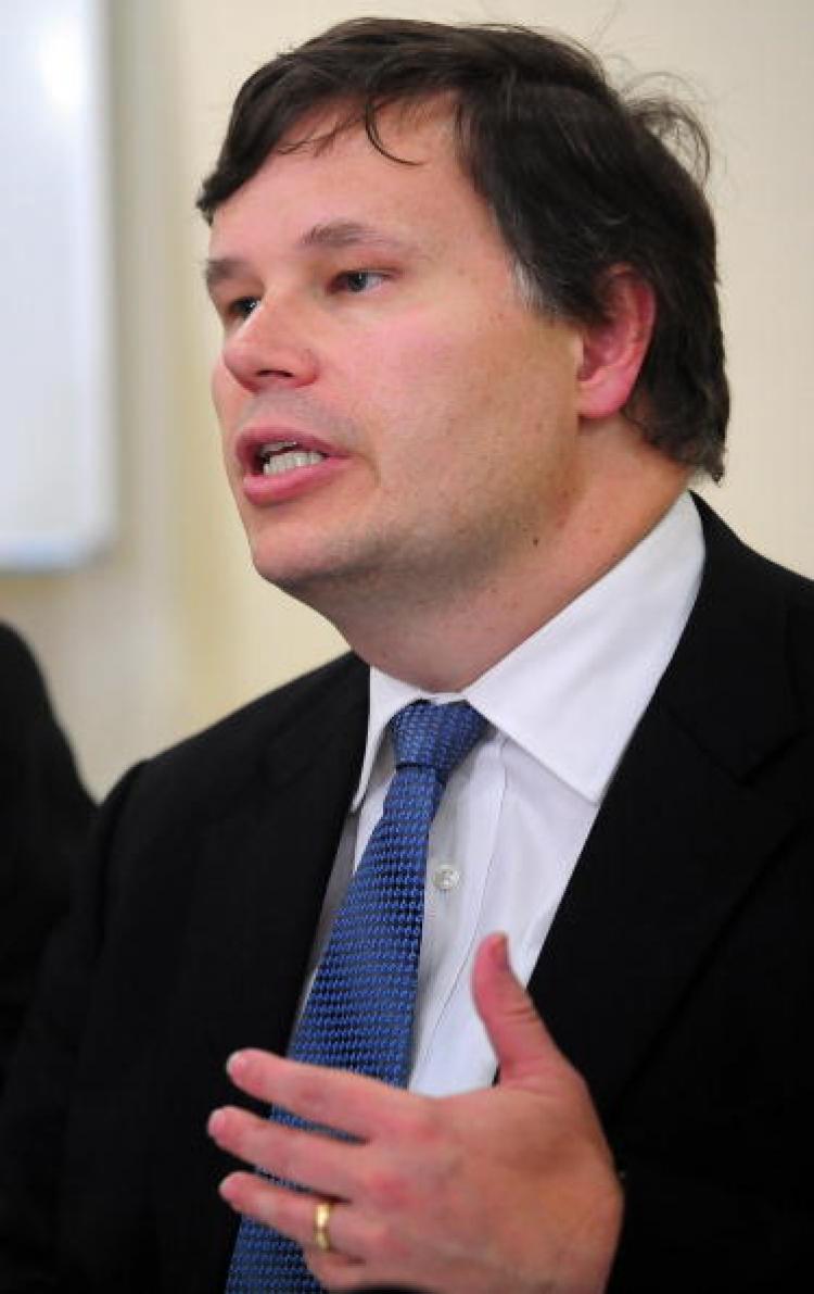 Head of the International Monetary Fund (IMF) mission to Romania Jeffrey Franks at a press conference in Bucharest on August 10, 2009.  (Daniel Mihailescu/AFP/Getty Images)