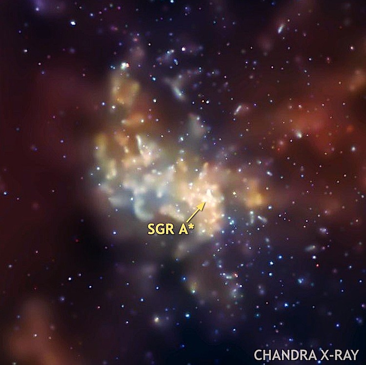 This Chandra image shows our Milky Way Galaxy's center. The location of the black hole, known as Sagittarius A*, or Sgr A*, is arrowed. (NASA/CXC/MIT/Frederick K. Baganoff et al)