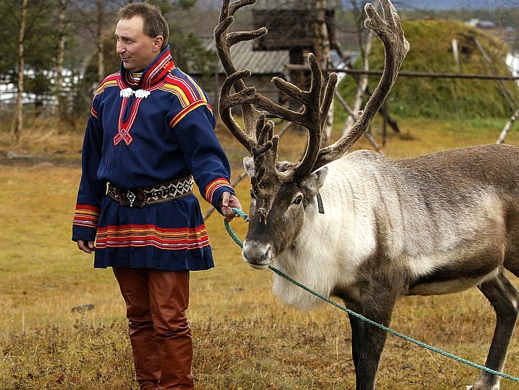 File photo of Sami Nils Tor-Bjoern Nutti, with a reindeer in the Sami village of Jukka
