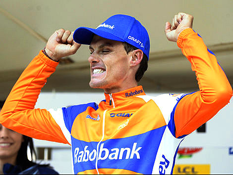 Luis Leon Sanchez exults on the podium after winning Stage Six of the Tour of Romandie. (rabosport.com)