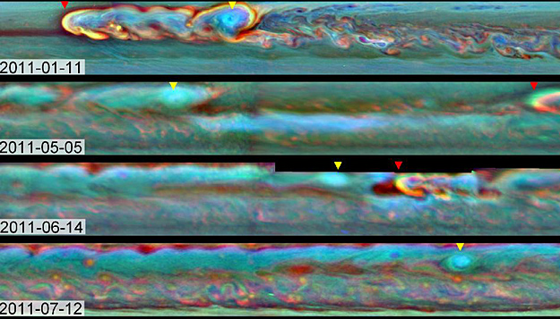 This set of images from NASA's Cassini mission shows a massive storm that circled Saturn until it ran into its own tail. (NASA/JPL-Caltech/SSI/Hampton University) 