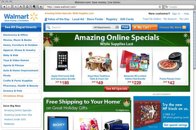 Walmart.com's homepage is seen on Nov. 11. Wal-Mart has announced holiday specials and free shipping two weeks prior to Thanksgiving to entice cash-strapped consumers. (The Epoch Times )