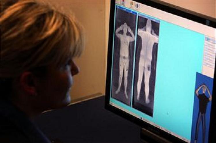 A full body scan image at Manchester Airport on January 7, 2010. It x-rays to 10mm and the image is sent to a remote security officer with no visual or verbal contact with the area where the machine is located. Images are deleted and unsaved when the passenger is cleared.(Photo by Christopher Furlong/Getty Images)