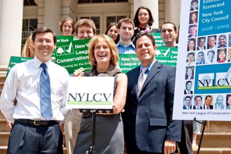 (L) Council member David Yassky, (M) NYLCV president Marcia Bystryn, and (R) Council member Daniel Garodnick introduce the 2008 â�� 2009 Environmental Scorecard for the N.Y. City Council on July 9. (Joshua Philipp/The Epoch Times)