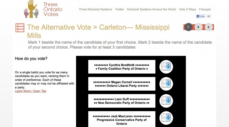 ThreeOntarioVotes.ca lets voters cast mock ballots under three different electoral systems. (ThreeOntarioVotes.ca)