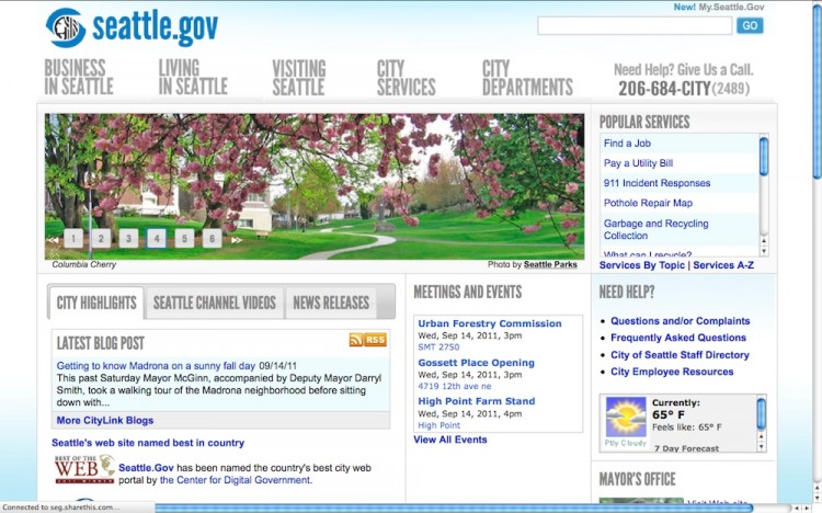 The Seattle.gov website which has earned the honor of Best of Web (BOW) for its official Web portal for a third time.  (Screenshot from seattle.gov)