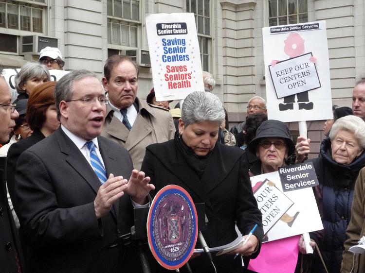 NOT NOW: Manhattan Borough President Scott Stringer speaks out against a plan to revamp senior centers, which he and other elected officials say is poorly timed.  (Christine Lin/Epoch Times)