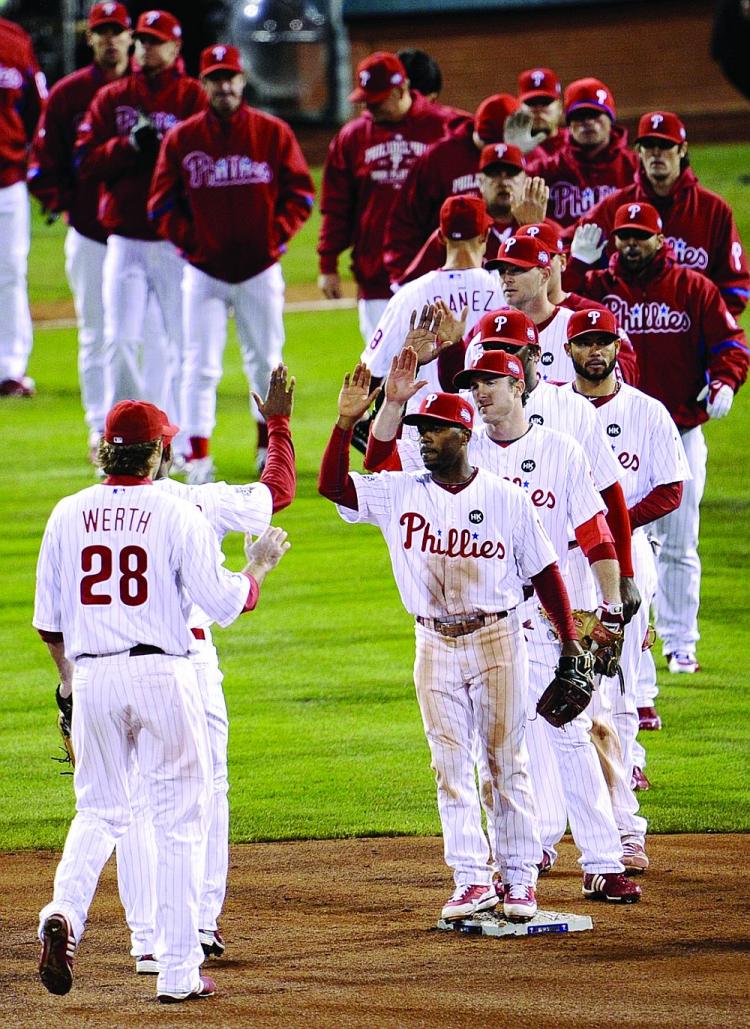 Philadelphia celebrates its victory over N.Y. in Game 5. (Jeff Zelevansky/Getty Images)