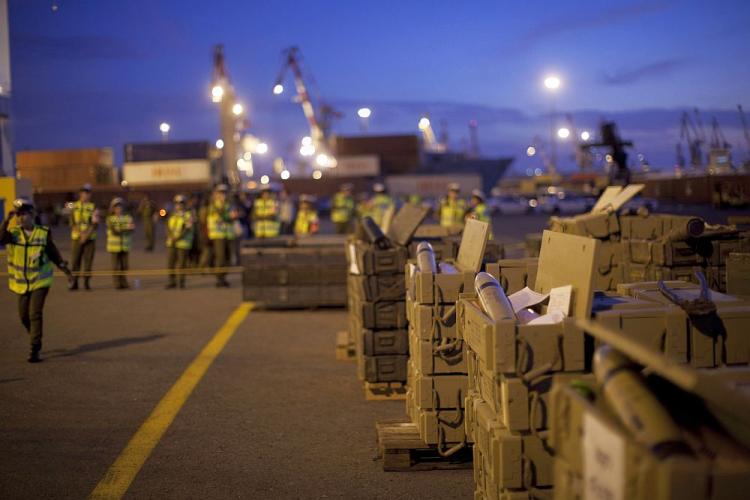 The Israeli military display hundreds of tonnes of arms seized at dawn on a ship bound for Syria and the Hezbollah militia in Lebanon, around 100 nautical miles from the Israeli coast, at the port of Ashdod on Nov. 4, 2009 in Israel. (Uriel Sinai/Getty Images)