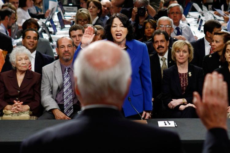 Supreme Court nominee Judge Sonia Sotomayor (3R) is sworn in by committee chairman Sen. Patrick Leahy (D-VT) (3L) during her confirmation hearing before the Senate Judiciary Committee in Washington, DC. (Win McNamee/Getty Images)