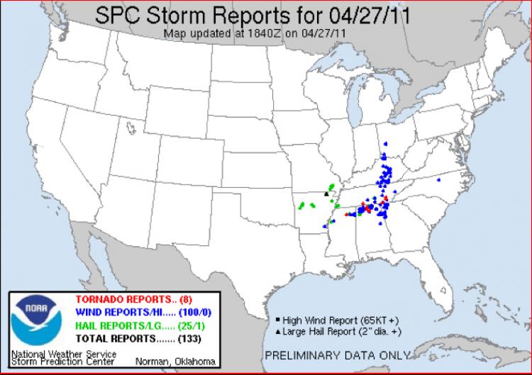 A Storm Prediction Center map showing reports of tornadoes (red), wind (blue), and hail (green) on Wednesday afternoon. (NOAA)