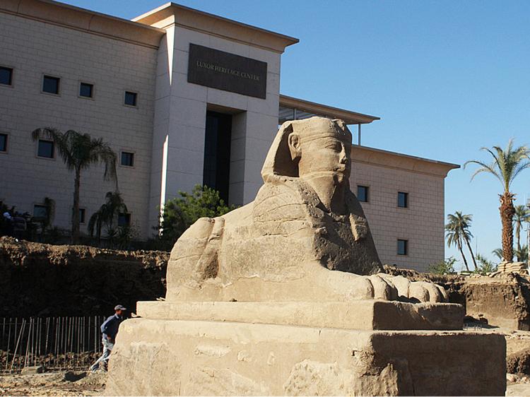 A statue of the Sphinx is seen at the excavation site of the ancient path that Egyptian worshippers and Roman provincials once trod as they crossed between the temples of Luxor and Karnak, around 435 miles south of Cairo, on Feb. 3. (Riyad Abu Awwad/AFP/Getty Images)