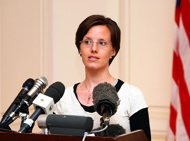American hiker Sarah Shourd, who was released on bail from an Iranian prison on September 14, speaks to the press on September 18, 2010 in Muscat, prior to her departure home to the USA. (Mohammed Mahjoub/AFP/Getty Images)