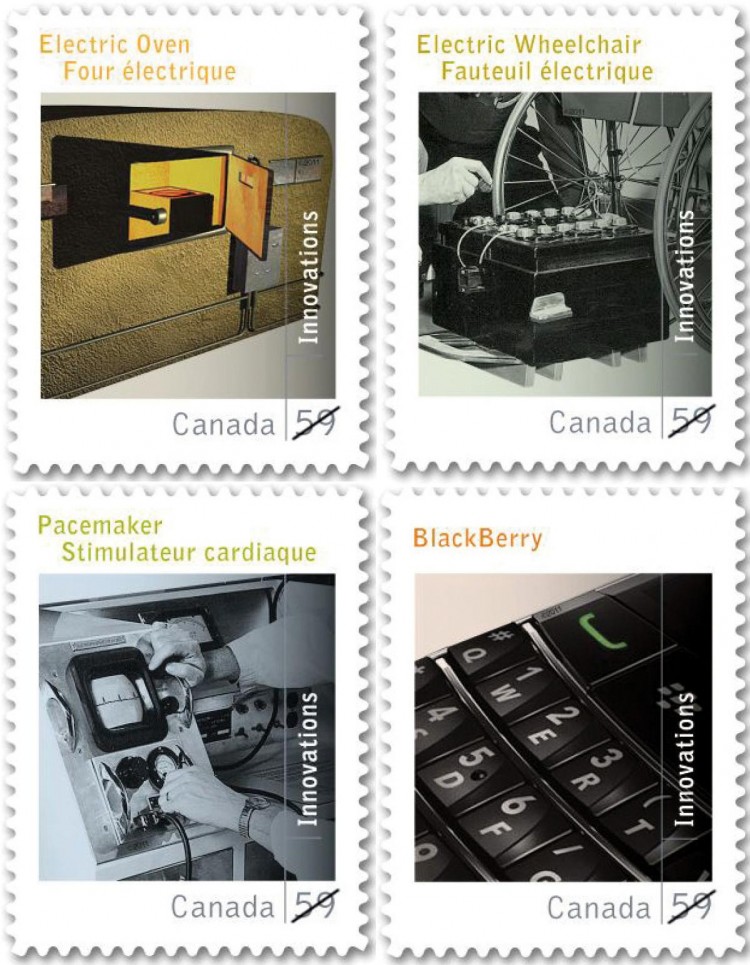 Four new stamps feature the inventions of the electric oven, the electric wheelchair, the cardiac pacemaker, and the BlackBerry. (Canada Post)
