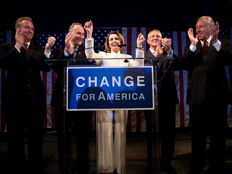 (L to R) Representative Christopher Van Hollen, Senator Charles Schumer, Speaker of the House Nancy Pelosi, Senate Majority Leader Harry Reid and House Majority Leader Steny Hoyer cheer during a party near Capitol Hill November 4, 2008. (Brendan Smialowski/Getty Images) (L to R) Representative Christopher Van Hollen, Senator Charles Schumer, Speaker of the House Nancy Pelosi, Senate Majority Leader Harry Reid and House Majority Leader Steny Hoyer cheer during a party near Capitol Hill November 4, 2008. (Brendan Smialowski/Getty Images)