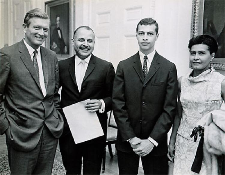 In an undated photograph, Mayor John V. Lindsay stands with Manhattan Borough President Percy Sutton and family. (Courtesy of NYC Department of Records)