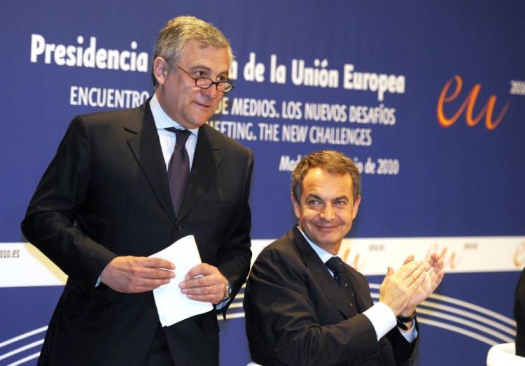 Spain's Prime Minister Jose Luis Rodriguez Zapatero (R) applauds EU Industry and Entrepreneurship Commissioner Antonio Tajani in Madrid on June 4, during a European Media meeting organized by the Spanish rotating presidency of the EU. The EU has found that Europeans are less likely to want to be entrepreneurs than Americans or Asians. (Dominique Faget/AFP/Getty Images)