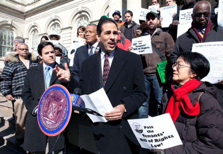 KNOW YOUR RIGHTS: Council Members Fernando Cabrera (C) and Margaret Chin (R), Daniel Garodnick (L) and Robert Jackson (2nd from R) introduced new legislation on Wednesday that would assist tenants in being aware of their rights.  (Amal Chen/The Epoch Times)