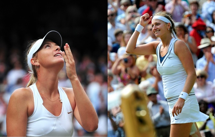 Maria Sharapova blows a kiss to the crowd after beating Sabine Lisicki during the ladies' semi-final at the Wimbledon Tennis Championships. (R) Petra Kvitova reacts after beating Victoria Azarenka in the women's semifinal at Wimbledon. (L)   (Carl De Souza & Leon Neal/Getty Images)