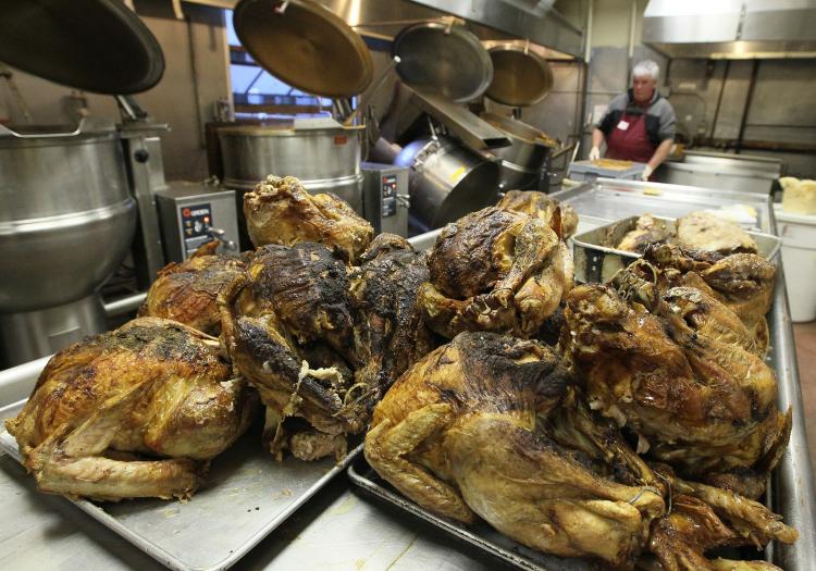 Thanksgiving turkeys wait to be carved in preparation for dinner at the St. Anthony Foundation dining room November 25, 2009 in San Francisco, California. (Justin Sullivan/Getty Images)