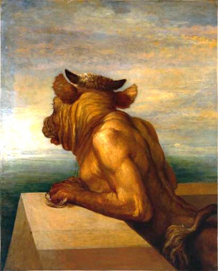 HALF-MAN: The Greek myth about the Minotaur, a creature looking half like a bull and half like a man, has inspired generations of artists. 'The Minotaur,' oil on canvas, 1885, George Frederick Watts. (Courtesy of Artrenewal.org)
