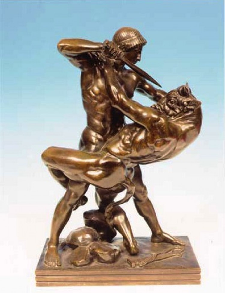 KILLING THE MONSTER: According to some traditions, the Greek hero Theseus killed the Minotaur with a sword. According to some other traditions, he used a double-sided axe. 'Thesee et le Minotaure,' bronze, 1843, Antoine-Louis Barye. (Artrenewal.org)