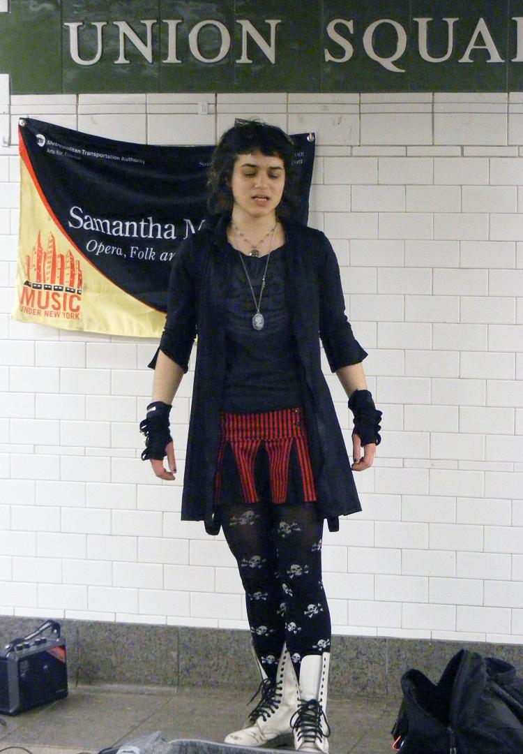 SUBWAY STAR: Samantha Margulies performs at the Union Square subway station. (Gidon Belmaker/ The Epoch Times)