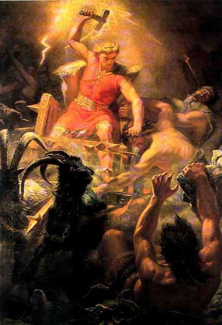 The Norse god Thor, the god of lightning, is depicted in this 1872 painting by Mårten Eskil Winge in a battle against the giants. (Image courtesy of Wilson's Almanac)