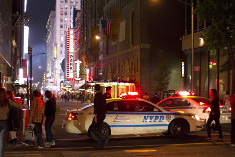 Police cordoned off a significant portion of Times Square, Manhattan, after police were alerted to a possible bomb in the area.  (Jan Jekielek/The Epoch Times)