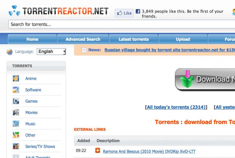A screen shot of TorrentReactor's home page.  (TorrentReactor.net)