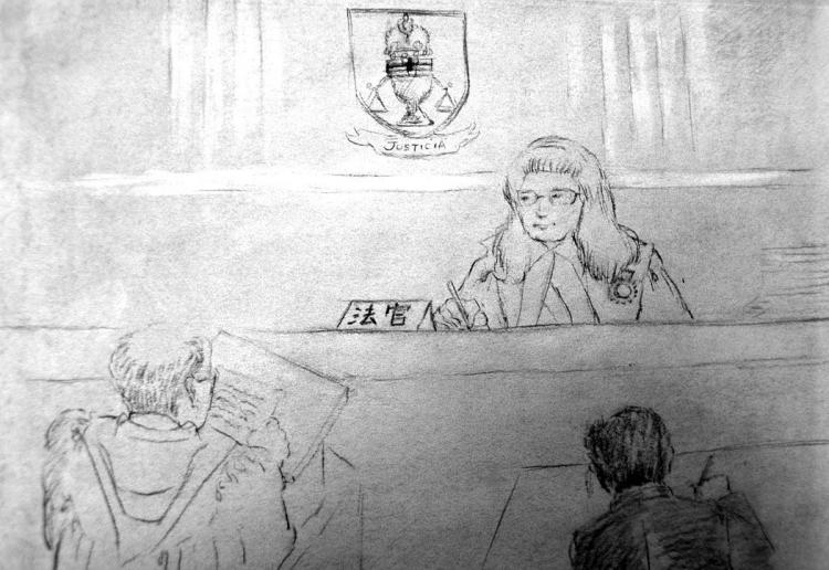 A sketch of a scene in the Ontario Superior Court Monday as the judge heard arguments to allow a Canadian civil case to proceed against Chinese officials for redress against torture. (Gordon Yu/The Epoch Times)
