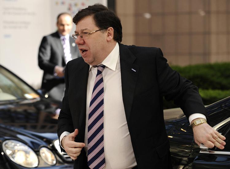 Irish Prime Minister Brian Cowen arrives for a second day of a European Council summit at the headquarters of the European Council in Brussels.   (John Thys/AFP/Getty Images)