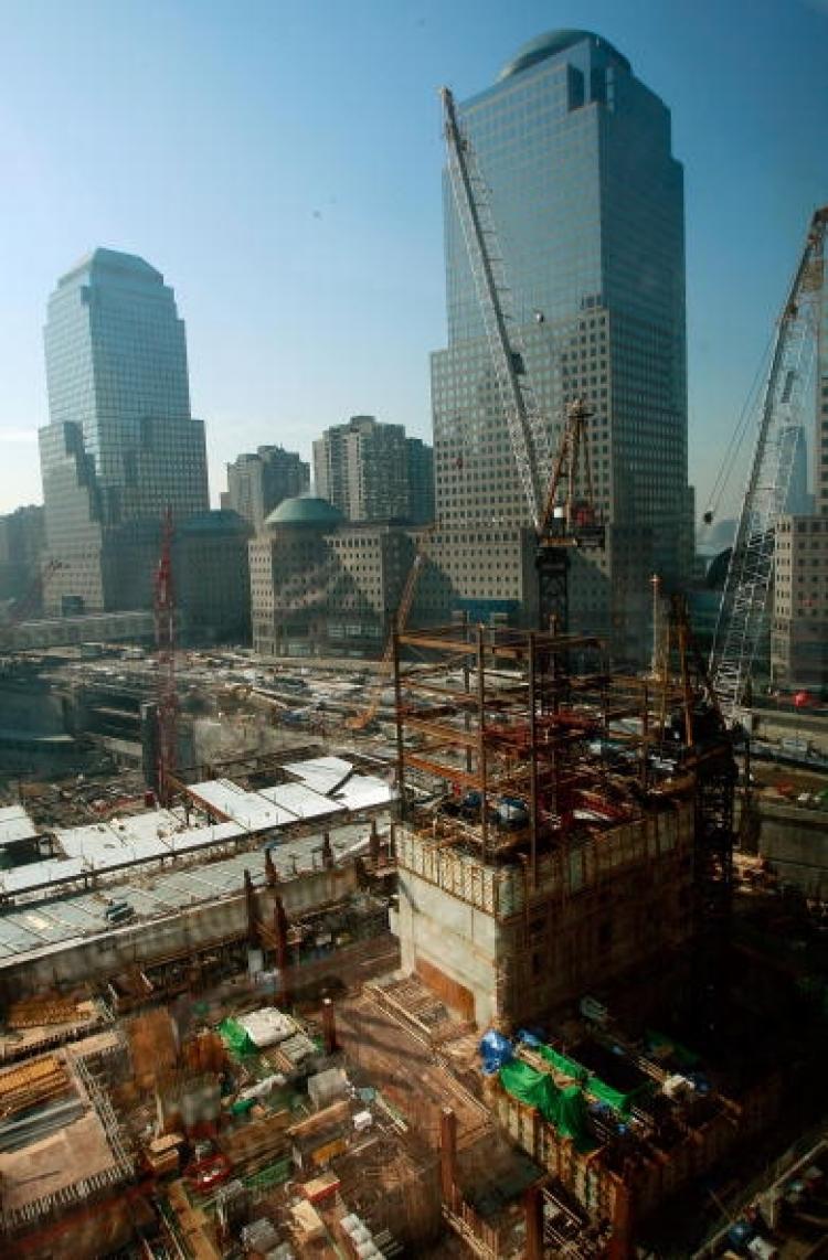 Work continues on the core of 1 World Trade Center (Bottom R), the Freedom Tower, which is being constructed at ground zero on February 11, 2009 in New York City.  (Mario Tama/Getty Images)